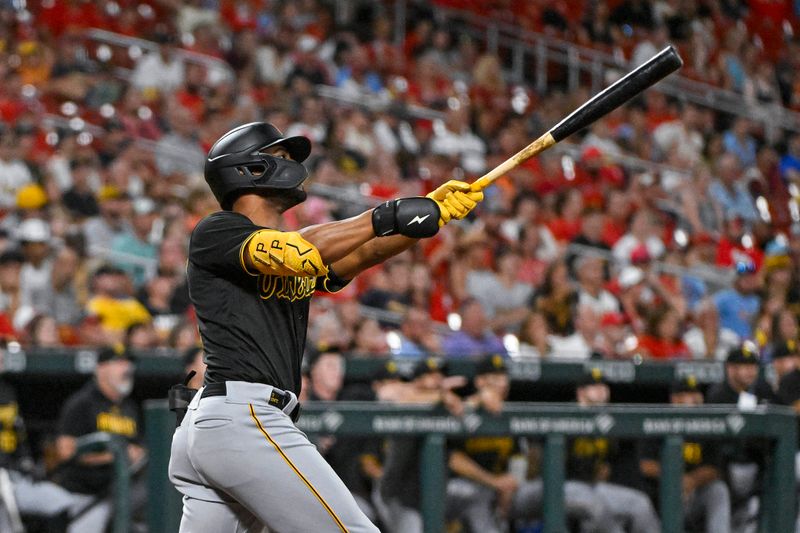 Sep 2, 2023; St. Louis, Missouri, USA;  Pittsburgh Pirates pinch hitter Joshua Palacios (54) hits a go ahead two run home run against the St. Louis Cardinals during the ninth inning at Busch Stadium. Mandatory Credit: Jeff Curry-USA TODAY Sports