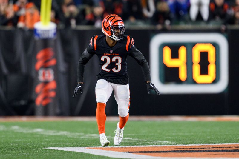 Cincinnati Bengals safety Dax Hill (23) lines up on defense during an NFL football game against the Buffalo Bills, Sunday, Nov. 5, 2023, in Cincinnati. (AP Photo/Zach Bolinger)