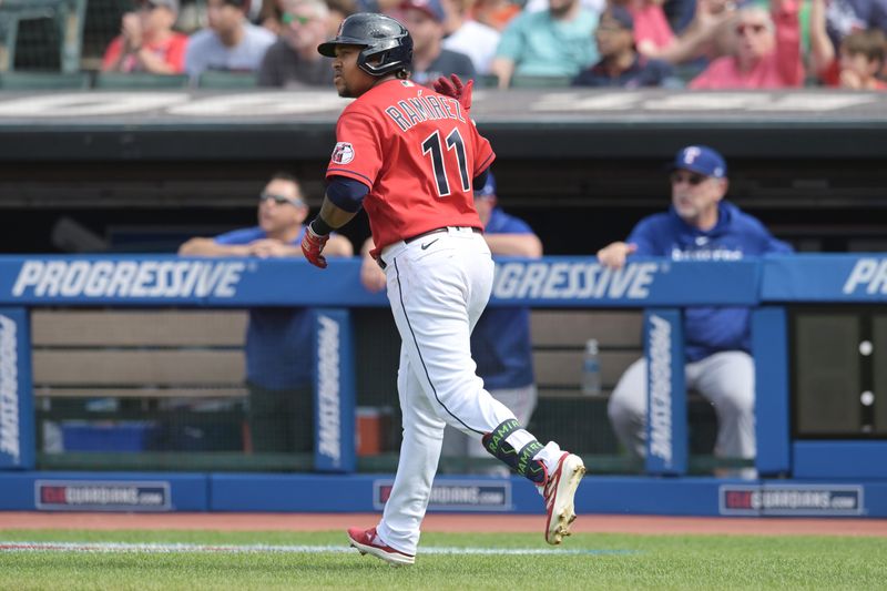 Sep 17, 2023; Cleveland, Ohio, USA; Cleveland Guardians designated hitter Jose Ramirez (11) rounds the bases after hitting a home run during the fourth inning against the Texas Rangers at Progressive Field. Mandatory Credit: Ken Blaze-USA TODAY Sports