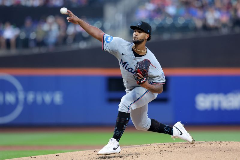 Aug 16, 2024; New York City, New York, USA; Miami Marlins starting pitcher Roddery Munoz (71) pitches against the New York Mets during the first inning at Citi Field. Mandatory Credit: Brad Penner-USA TODAY Sports