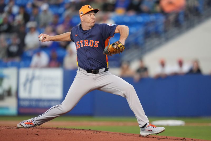 Mar 6, 2025; Port St. Lucie, Florida, USA;  Houston Astros pitcher Ryan Gusto (67) pitches against the against the New York Mets in the first inning at Clover Park. Mandatory Credit: Jim Rassol-Imagn Images