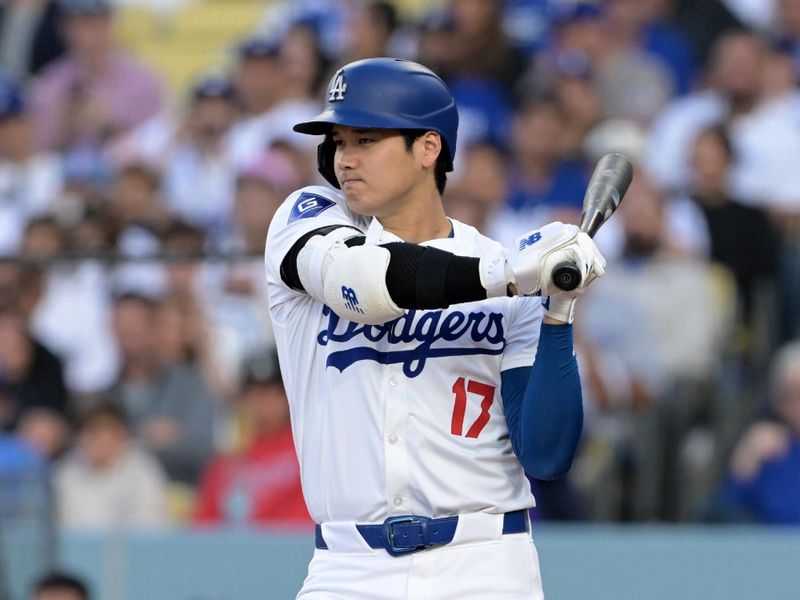 Jun 13, 2024; Los Angeles, California, USA;  Los Angeles Dodgers designated hitter Shohei Ohtani (17) at bat in the first inning against the Texas Rangers at Dodger Stadium. Mandatory Credit: Jayne Kamin-Oncea-USA TODAY Sports