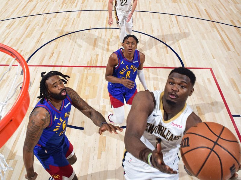 DENVER, CO - JANUARY 12: Zion Williamson #1 of the New Orleans Pelicans shoots the ball during the game against the Denver Nuggets on January 12, 2024 at the Ball Arena in Denver, Colorado. NOTE TO USER: User expressly acknowledges and agrees that, by downloading and/or using this Photograph, user is consenting to the terms and conditions of the Getty Images License Agreement. Mandatory Copyright Notice: Copyright 2024 NBAE (Photo by Garrett Ellwood/NBAE via Getty Images)