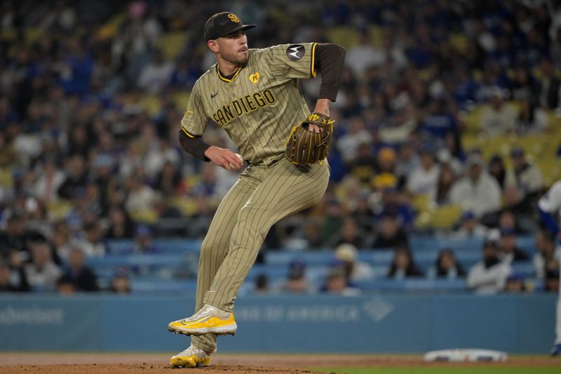 Sep 26, 2024; Los Angeles, California, USA;  San Diego Padres starting pitcher Joe Musgrove (44) delivers to the plate in the first inning against the Los Angeles Dodgers at Dodger Stadium. Mandatory Credit: Jayne Kamin-Oncea-Imagn Images