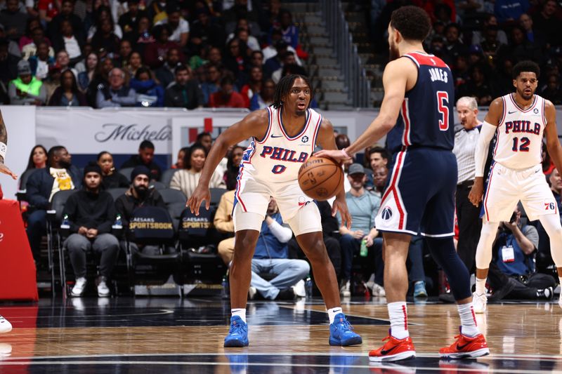 WASHINGTON, DC -? FEBRUARY 10: Tyrese Maxey #0 of the Philadelphia 76ers plays defense against the Washington Wizards on February 10, 2024 at Capital One Arena in Washington, DC. NOTE TO USER: User expressly acknowledges and agrees that, by downloading and or using this Photograph, user is consenting to the terms and conditions of the Getty Images License Agreement. Mandatory Copyright Notice: Copyright 2024 NBAE (Photo by Kenny Giarla/NBAE via Getty Images)
