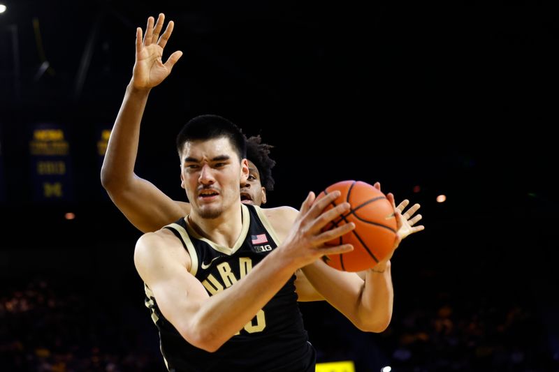 Feb 25, 2024; Ann Arbor, Michigan, USA;  Purdue Boilermakers center Zach Edey (15) grabs the rebound over Michigan Wolverines forward Tarris Reed Jr. (32) in the second half at Crisler Center. Mandatory Credit: Rick Osentoski-USA TODAY Sports