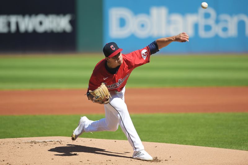 Sep 19, 2024; Cleveland, Ohio, USA; Cleveland Guardians starting pitcher Joey Cantillo (54) throws a pitch during the first inning against the Minnesota Twins at Progressive Field. Mandatory Credit: Ken Blaze-Imagn Images