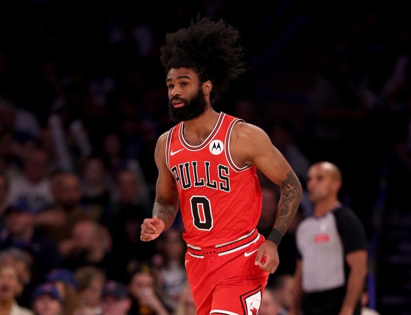 NEW YORK, NEW YORK - APRIL 14: Coby White #0 of the Chicago Bulls celebrates his shot during the first half against the New York Knicks at Madison Square Garden on April 14, 2024 in New York City. NOTE TO USER: User expressly acknowledges and agrees that, by downloading and or using this photograph, User is consenting to the terms and conditions of the Getty Images License Agreement. (Photo by Elsa/Getty Images)