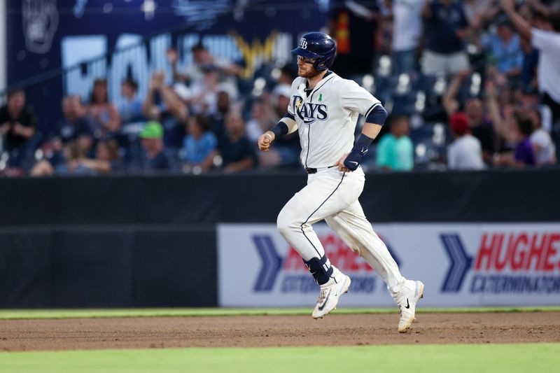 May 19, 2025; Tampa, Florida, USA; Tampa Bay Rays catcher Danny Jansen (19) runs the bases after hitting a two run home run against the Houston Astros in the fifth inning at George M. Steinbrenner Field. Mandatory Credit: Nathan Ray Seebeck-Imagn Images