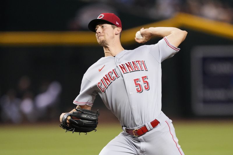 Aug 24, 2023; Phoenix, Arizona, USA; Cincinnati Reds starting pitcher Brandon Williamson (55) pitches against the Arizona Diamondbacks during the first inning at Chase Field. Mandatory Credit: Joe Camporeale-USA TODAY Sports