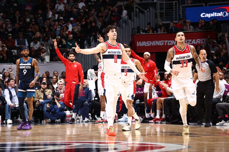 WASHINGTON, DC -?January  24: Deni Avdija #8 of the Washington Wizards celebrates during the game against the Minnesota Timberwolves on January 24, 2024 at Capital One Arena in Washington, DC. NOTE TO USER: User expressly acknowledges and agrees that, by downloading and or using this Photograph, user is consenting to the terms and conditions of the Getty Images License Agreement. Mandatory Copyright Notice: Copyright 2024 NBAE (Photo by Kenny Giarla/NBAE via Getty Images)