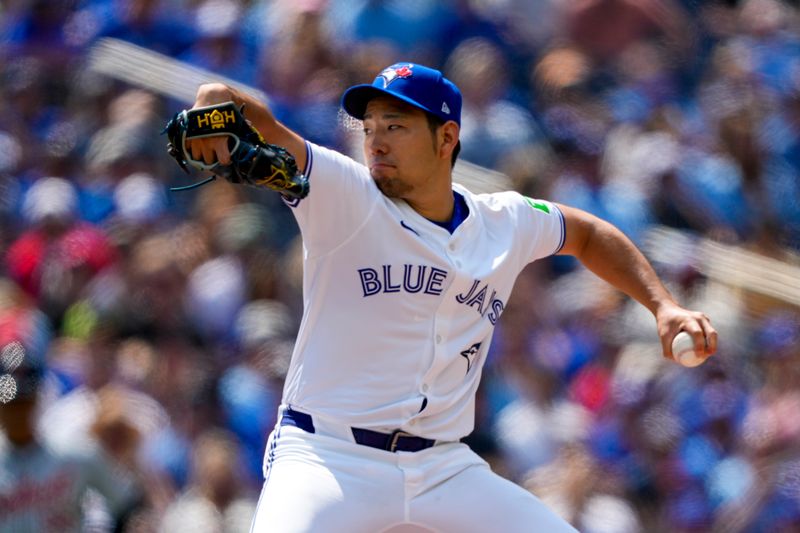 Jul 20, 2024; Toronto, Ontario, CAN; Toronto Blue Jays pitcher Yusei Kikuchi (16) pitches to the Detroit Tigers during the first inning at Rogers Centre. Mandatory Credit: Kevin Sousa-USA TODAY Sports