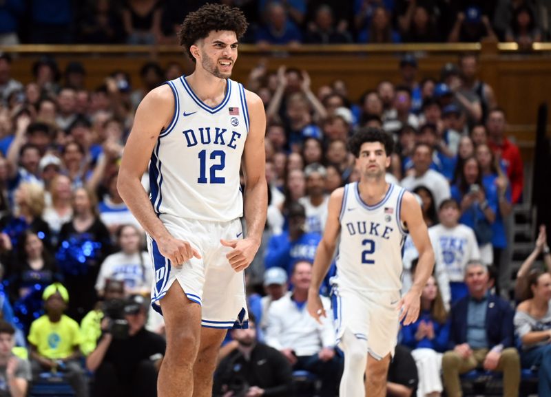 Jan 10, 2026; Durham, North Carolina, USA; Duke Blue Devils forward Cameron Boozer (12) reacts during the second half against the Southern Methodist Mustangs at Cameron Indoor Stadium. Mandatory Credit: Rob Kinnan-Imagn Images