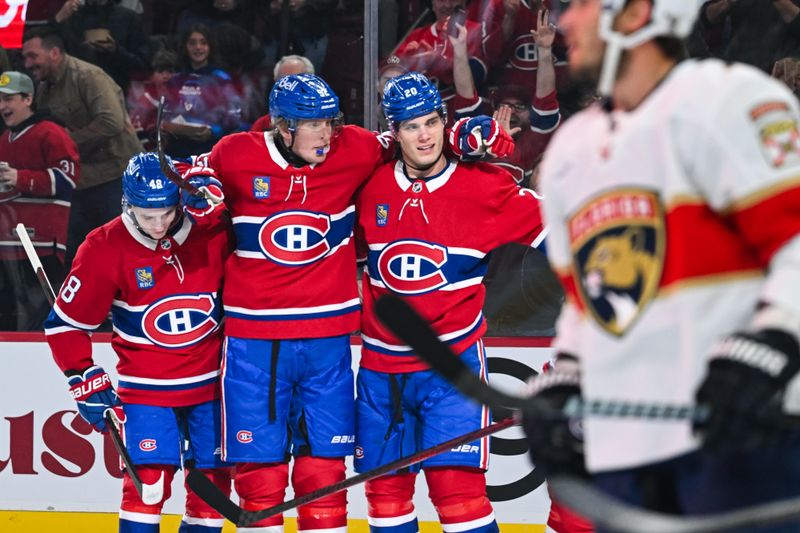 Mar 15, 2025; Montreal, Quebec, CAN; Montreal Canadiens right wing Patrik Laine (92) celebrates with his teammates his goal against the Florida Panthers in the first period at Bell Centre. Mandatory Credit: David Kirouac-Imagn Images