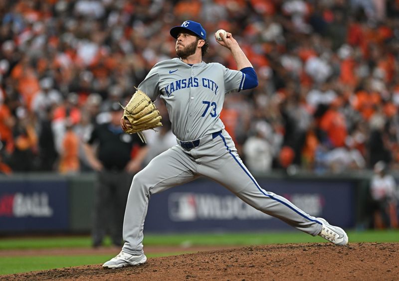 Oct 1, 2024; Baltimore, Maryland, USA; Kansas City Royals pitcher Sam Long (73) throws against the Baltimore Orioles in game one of the Wild Card round for the 2024 MLB Playoffs at Oriole Park at Camden Yards. Mandatory Credit: Tommy Gilligan-Imagn Images