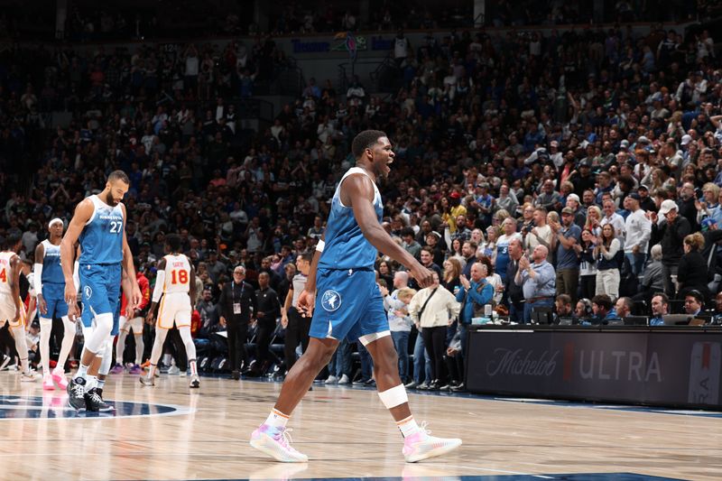 MINNEAPOLIS, MN -  APRIL 12: Anthony Edwards #5 of the Minnesota Timberwolves celebrates during the game against the Atlanta Hawks on April 12, 2024 at Target Center in Minneapolis, Minnesota. NOTE TO USER: User expressly acknowledges and agrees that, by downloading and or using this Photograph, user is consenting to the terms and conditions of the Getty Images License Agreement. Mandatory Copyright Notice: Copyright 2024 NBAE (Photo by David Sherman/NBAE via Getty Images)