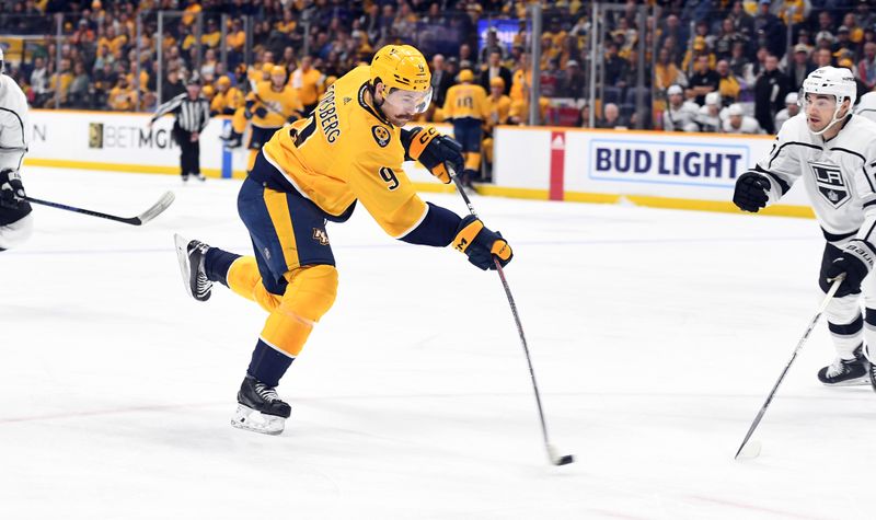 Jan 21, 2023; Nashville, Tennessee, USA; Nashville Predators left wing Filip Forsberg (9) shoots during the first period against the Los Angeles Kings at Bridgestone Arena. Mandatory Credit: Christopher Hanewinckel-USA TODAY Sports