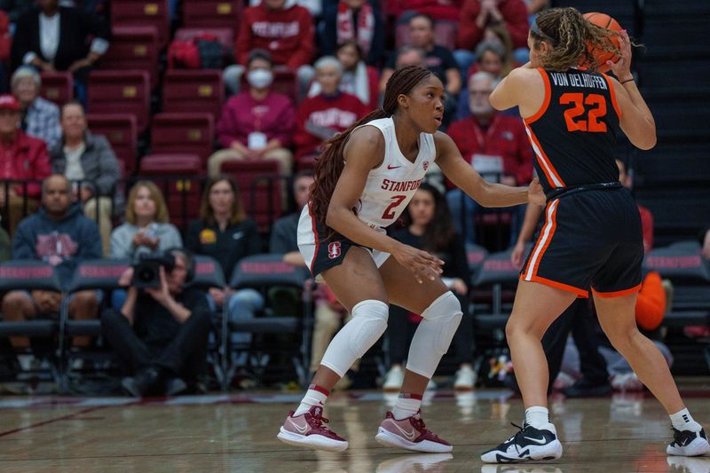 Jan 27, 2023; Stanford, California, USA; Oregon State Beavers guard Talia von Oelhoffen (22) is guarded by Stanford Cardinal guard Agnes Emma-Nnopu (2) during the first quarter at Maples Pavilion. Mandatory Credit: Neville E. Guard-USA TODAY Sports