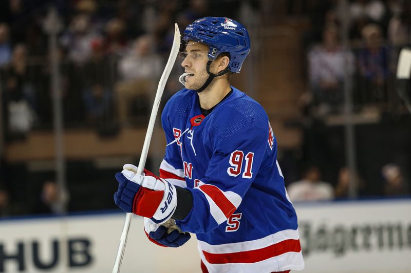 Mar 19, 2024; New York, New York, USA; New York Rangers center Alex Wennberg (91) during the first period against the Winnipeg Jets at Madison Square Garden. Mandatory Credit: Danny Wild-USA TODAY Sports