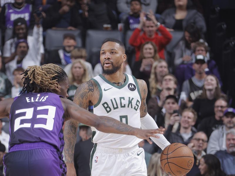 SACRAMENTO, CA - MARCH 12: Damian Lillard #0 of the Milwaukee Bucks dribbles the ball during the game against the Sacramento Kings on March 12, 2024 at Golden 1 Center in Sacramento, California. NOTE TO USER: User expressly acknowledges and agrees that, by downloading and or using this Photograph, user is consenting to the terms and conditions of the Getty Images License Agreement. Mandatory Copyright Notice: Copyright 2024 NBAE (Photo by Rocky Widner/NBAE via Getty Images)