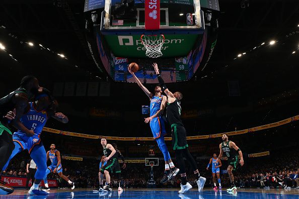 OKLAHOMA CITY, OK - JANUARY 2: Chet Holmgren #7 of the Oklahoma City Thunder drives to the basket during the game against the Boston Celtics on January 2, 2024 at Paycom Arena in Oklahoma City, Oklahoma. NOTE TO USER: User expressly acknowledges and agrees that, by downloading and or using this photograph, User is consenting to the terms and conditions of the Getty Images License Agreement. Mandatory Copyright Notice: Copyright 2024 NBAE (Photo by Zach Beeker/NBAE via Getty Images)