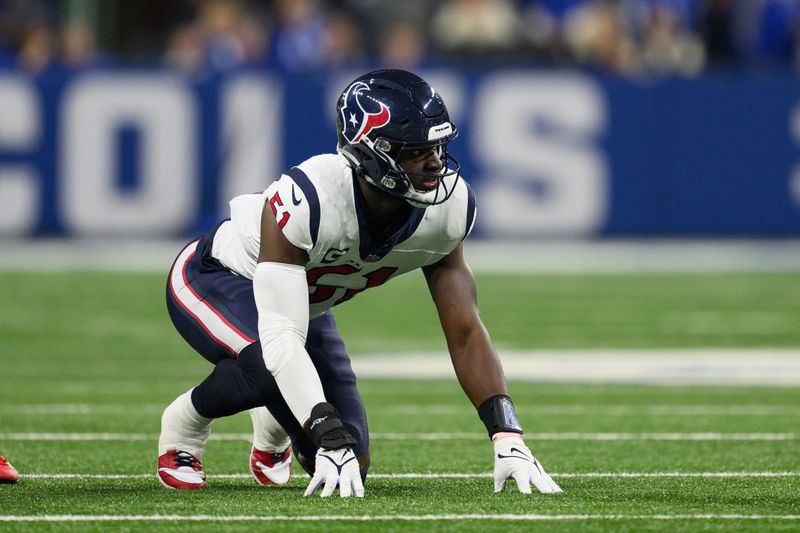 Houston Texans defensive end Will Anderson Jr. (51) lines up on defense during an NFL football game against the Indianapolis Colts, Saturday, Jan. 6, 2024, in Indianapolis. (AP Photo/Zach Bolinger)