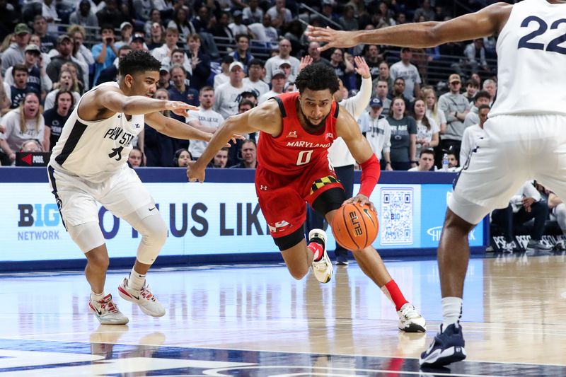 Mar 5, 2023; University Park, Pennsylvania, USA; Maryland Terrapins guard Don Carey (0) drives to the basket as Penn State Nittany Lions guard Camren Wynter (11) and guard Jalen Pickett (22) defend during the second half at Bryce Jordan Center. Mandatory Credit: Matthew OHaren-USA TODAY Sports