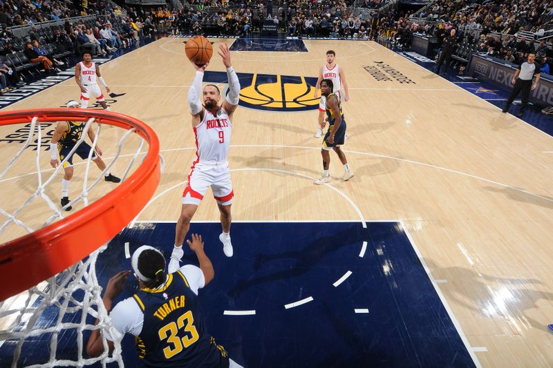 INDIANAPOLIS, IN - FEBRUARY 6: Dillon Brooks #9 of the Houston Rockets shoots the ball during the game  against the Indiana Pacers on February 6, 2024 at Gainbridge Fieldhouse in Indianapolis, Indiana. NOTE TO USER: User expressly acknowledges and agrees that, by downloading and or using this Photograph, user is consenting to the terms and conditions of the Getty Images License Agreement. Mandatory Copyright Notice: Copyright 2024 NBAE (Photo by Ron Hoskins/NBAE via Getty Images)