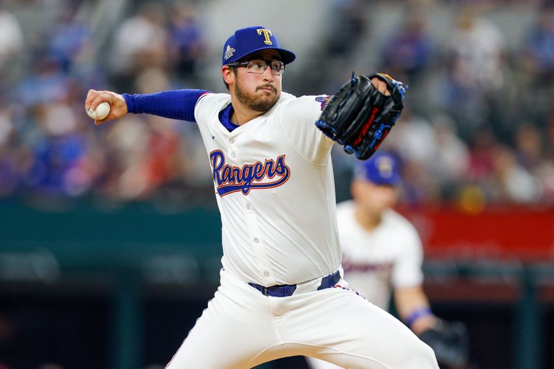 Jun 4, 2024; Arlington, Texas, USA; Texas Rangers pitcher Dane Dunning (33) throws during the fourth nning against the Detroit Tigers at Globe Life Field. Mandatory Credit: Andrew Dieb-USA TODAY Sports