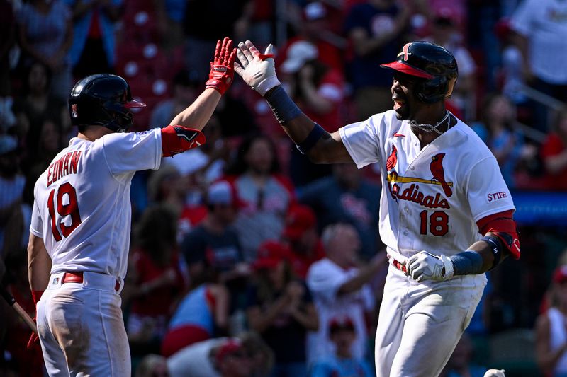 Sep 17, 2023; St. Louis, Missouri, USA;  St. Louis Cardinals right fielder Jordan Walker (18) celebrates with shortstop Tommy Edman (19) after hitting a go-ahead solo home run against the Philadelphia Phillies during the eighth inning at Busch Stadium. Mandatory Credit: Jeff Curry-USA TODAY Sports