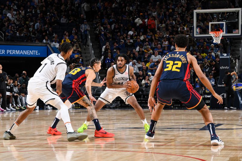 SAN FRANCISCO, CA - NOVEMBER 25: Cam Thomas #24 of the Brooklyn Nets handles the ball during the game against the Golden State Warriors on November 25, 2024 at Chase Center in San Francisco, California. NOTE TO USER: User expressly acknowledges and agrees that, by downloading and or using this photograph, user is consenting to the terms and conditions of Getty Images License Agreement. Mandatory Copyright Notice: Copyright 2024 NBAE (Photo by Noah Graham/NBAE via Getty Images)