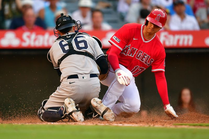 Jul 19, 2023; Anaheim, California, USA; Los Angeles Angels designated hitter Shohei Ohtani (17) is out at home against New York Yankees catcher Kyle Higashioka (66) during the eighth inning at Angel Stadium. Mandatory Credit: Gary A. Vasquez-USA TODAY Sports