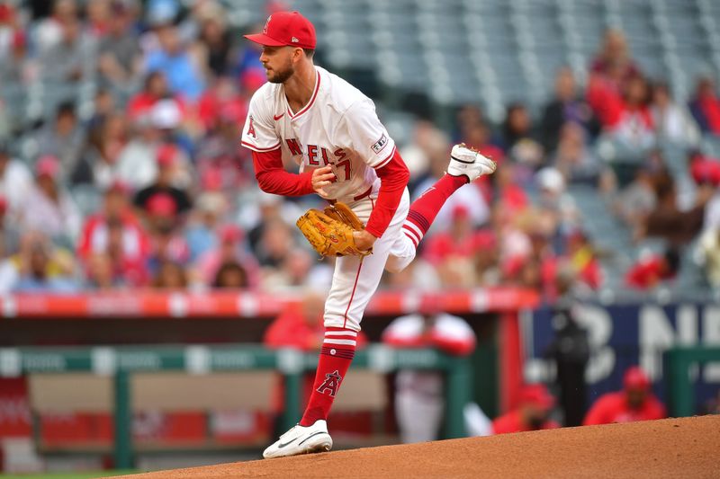 Jun 7, 2024; Anaheim, California, USA; Los Angeles Angels pitcher Griffin Canning (47) throws against the Houston Astros during the first inning at Angel Stadium. Mandatory Credit: Gary A. Vasquez-USA TODAY Sports