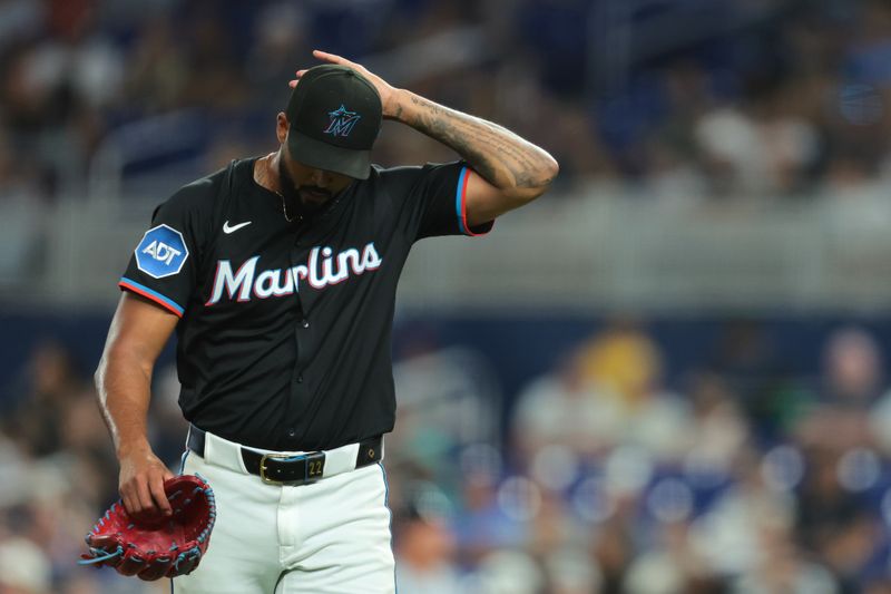 Sep 12, 2025; Miami, Florida, USA; Miami Marlins starting pitcher Sandy Alcantara (22) reacts against the Detroit Tigers during the fourth inning at loanDepot Park. Mandatory Credit: Sam Navarro-Imagn Images