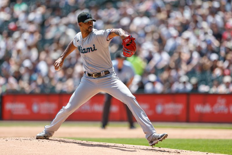 Jun 10, 2023; Chicago, Illinois, USA; Miami Marlins starting pitcher Sandy Alcantara (22) delivers a pitch against the Chicago White Sox during the first inning at Guaranteed Rate Field. Mandatory Credit: Kamil Krzaczynski-USA TODAY Sports