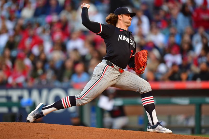 Apr 27, 2024; Anaheim, California, USA; Minnesota Twins pitcher Chris Paddack (20) throws against the Los Angeles Angels during the first inning at Angel Stadium. Mandatory Credit: Gary A. Vasquez-USA TODAY Sports