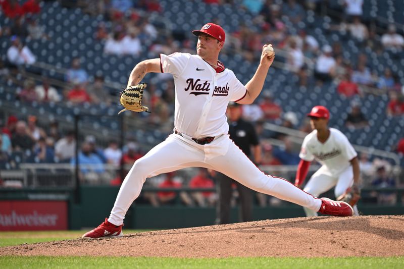 Jul 8, 2024; Washington, District of Columbia, USA; Washington Nationals starting pitcher Mitchell Parker (70) throws a pitch against the St. Louis Cardinals during the fifth inning at Nationals Park. Mandatory Credit: Rafael Suanes-USA TODAY Sports