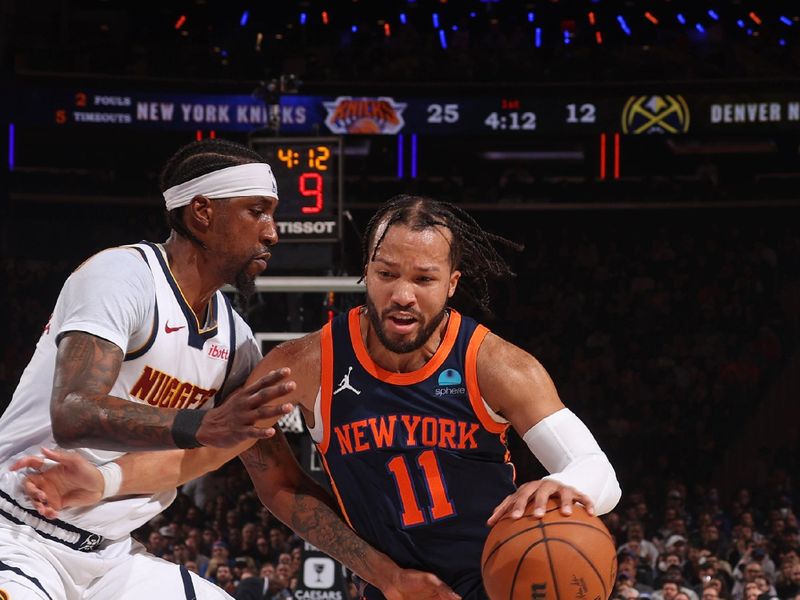 NEW YORK, NY - JANUARY 25: Jalen Brunson #11 of the New York Knicks drives to the basket during the game against the Denver Nuggets on January 25, 2024 at Madison Square Garden in New York City, New York.  NOTE TO USER: User expressly acknowledges and agrees that, by downloading and or using this photograph, User is consenting to the terms and conditions of the Getty Images License Agreement. Mandatory Copyright Notice: Copyright 2024 NBAE  (Photo by Nathaniel S. Butler/NBAE via Getty Images)