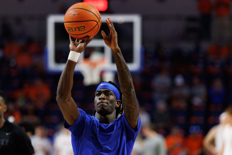 Feb 14, 2026; Gainesville, Florida, USA; Kentucky Wildcats guard Denzel Aberdeen (1) shoots the ball before a game against the Florida Gators at Exactech Arena at the Stephen C. O'Connell Center. Mandatory Credit: Matt Pendleton-Imagn Images