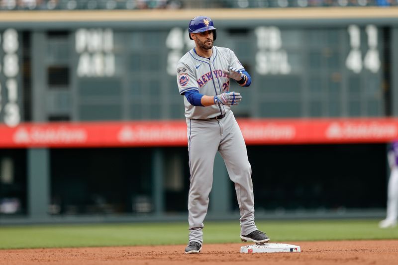 Aug 8, 2024; Denver, Colorado, USA; New York Mets designated hitter J.D. Martinez (28) reacts from second on an RBI double in the first inning against the Colorado Rockies at Coors Field. Mandatory Credit: Isaiah J. Downing-USA TODAY Sports