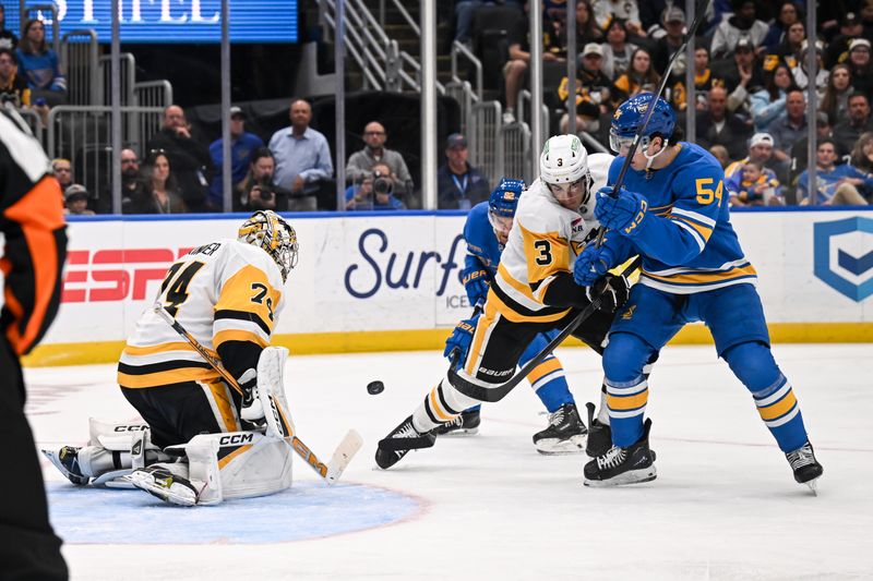 Apr 14, 2026; St. Louis, Missouri, USA; Pittsburgh Penguins goaltender Stuart Skinner (74) and defenseman Jack St. Ivany (3) defend the net against St. Louis Blues right wing Dalibor Dvorsky (54) during the second period at Enterprise Center. Mandatory Credit: Connor Hamilton-Imagn Images