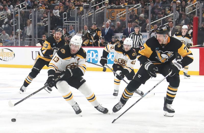 Mar 1, 2025; Pittsburgh, Pennsylvania, USA; Boston Bruins center Charlie Coyle (13) moves the puck against Pittsburgh Penguins defenseman Vincent Desharnais (7)during the second period at PPG Paints Arena. Mandatory Credit: Charles LeClaire-Imagn Images