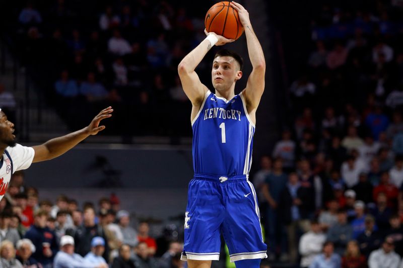 Jan 31, 2023; Oxford, Mississippi, USA; Kentucky Wildcats guard CJ Fredrick (1) attempts a three-point shot during the first half against the Mississippi Rebels at The Sandy and John Black Pavilion at Ole Miss. Mandatory Credit: Petre Thomas-USA TODAY Sports