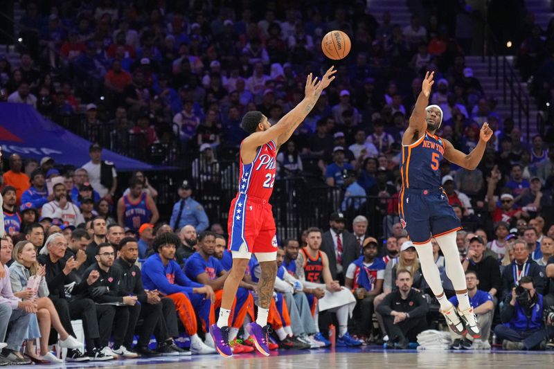 PHILADELPHIA, PA - APRIL 28: Cameron Payne #22 of the Philadelphia 76ers shoots the ball during the game against the New York Knicks during Round 1 Game 4 of the 2024 NBA Playoffs on April 28, 2024 at the Wells Fargo Center in Philadelphia, Pennsylvania NOTE TO USER: User expressly acknowledges and agrees that, by downloading and/or using this Photograph, user is consenting to the terms and conditions of the Getty Images License Agreement. Mandatory Copyright Notice: Copyright 2024 NBAE (Photo by Jesse D. Garrabrant/NBAE via Getty Images)