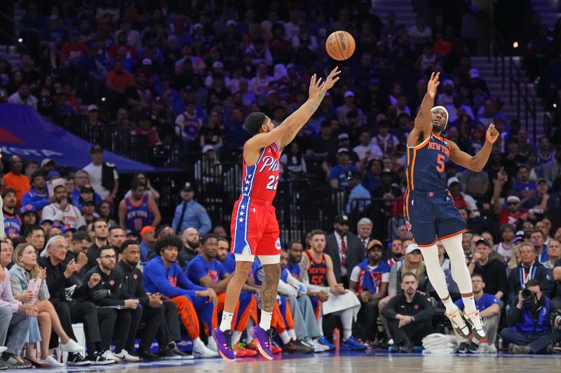 PHILADELPHIA, PA - APRIL 28: Cameron Payne #22 of the Philadelphia 76ers shoots the ball during the game against the New York Knicks during Round 1 Game 4 of the 2024 NBA Playoffs on April 28, 2024 at the Wells Fargo Center in Philadelphia, Pennsylvania NOTE TO USER: User expressly acknowledges and agrees that, by downloading and/or using this Photograph, user is consenting to the terms and conditions of the Getty Images License Agreement. Mandatory Copyright Notice: Copyright 2024 NBAE (Photo by Jesse D. Garrabrant/NBAE via Getty Images)