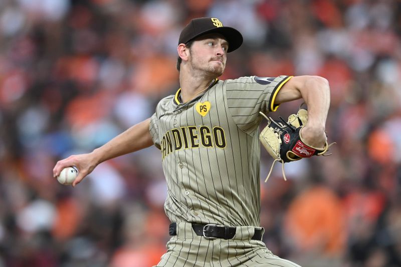 Jul 26, 2024; Baltimore, Maryland, USA;  San Diego Padres pitcher Adam Mazur (36) throws a second  inning pitch against the Baltimore Orioles at Oriole Park at Camden Yards. Mandatory Credit: Tommy Gilligan-USA TODAY Sports