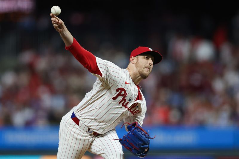 Sep 9, 2024; Philadelphia, Pennsylvania, USA; Philadelphia Phillies pitcher Jeff Hoffman (23) throws a pitch during the eighth inning against the Tampa Bay Rays at Citizens Bank Park. Mandatory Credit: Bill Streicher-Imagn Images
