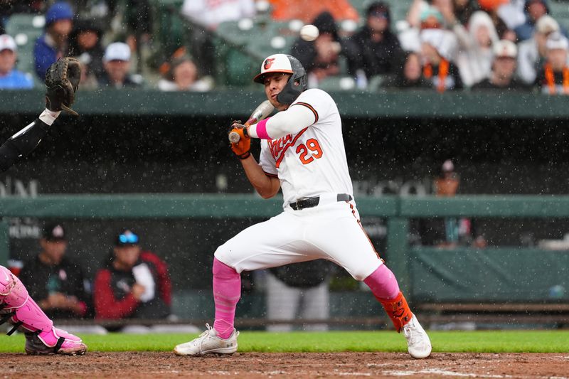 May 12, 2024; Baltimore, Maryland, USA; Baltimore Orioles third baseman Ramon Urias (29) gets brushed back by a pitch during the seventh inning against the Arizona Diamondbacks at Oriole Park at Camden Yards. Mandatory Credit: Gregory Fisher-USA TODAY Sports