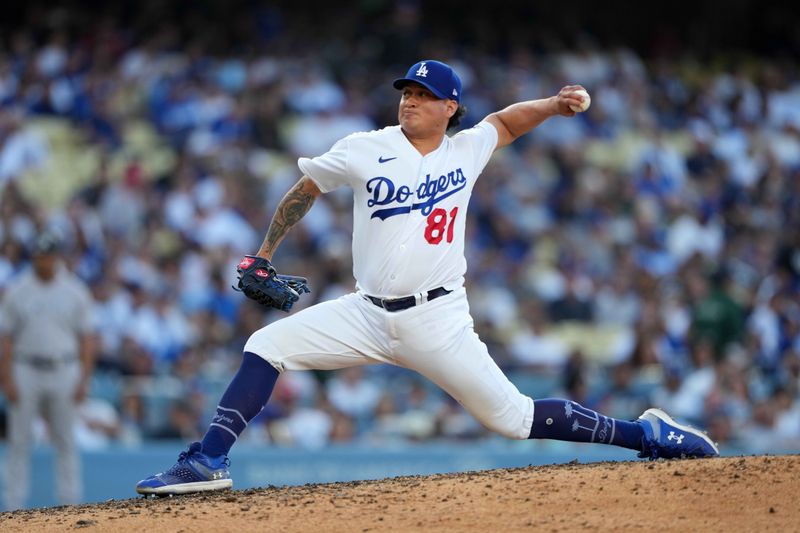 Jun 3, 2023; Los Angeles, California, USA; Los Angeles Dodgers relief pitcher Victor Gonzalez (81) throws against the New York Yankees  at Dodger Stadium. Mandatory Credit: Kirby Lee-USA TODAY Sports