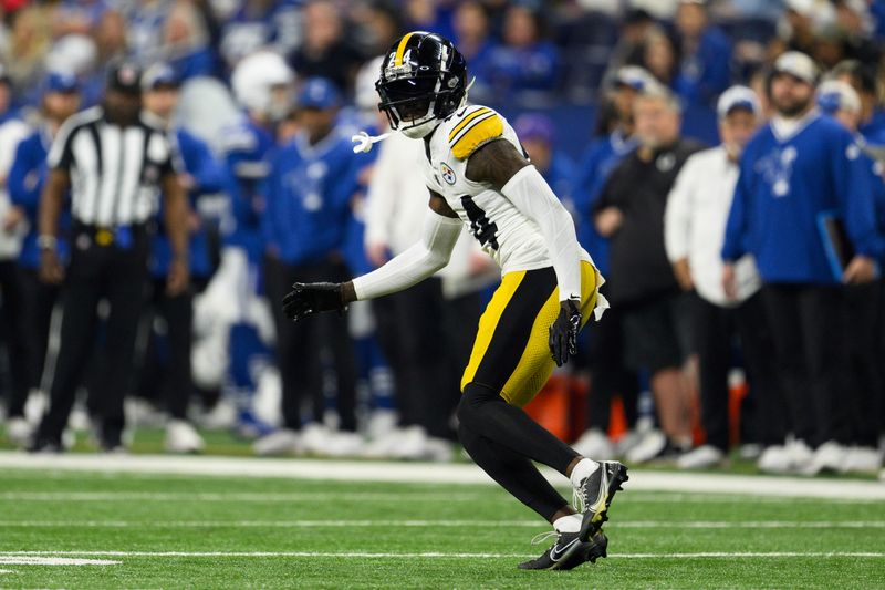 Pittsburgh Steelers cornerback Joey Porter Jr. (24) drops back into coverage during an NFL football game against the Indianapolis Colts, Saturday, Dec. 16, 2023, in Indianapolis. (AP Photo/Zach Bolinger)